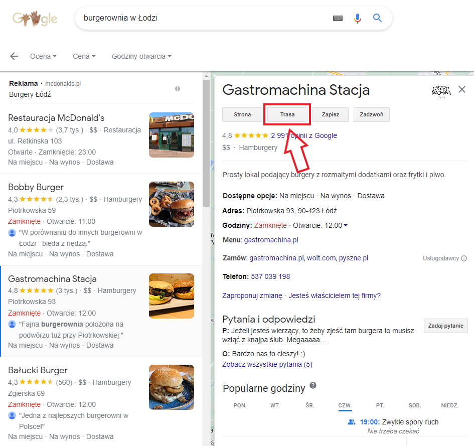 Pozycjonowanie stron internetowych Łódź – przykładowa widoczność w Mapach Google na frazę „burgerownia w Łodzi”
